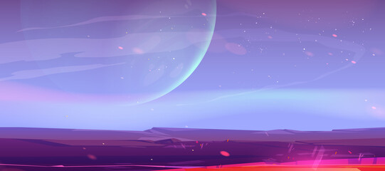 Poster - mars landscape, alien planet sunset background, empty purple desert surface and flying cosmic dust. 