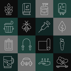 Wall Mural - Set line Scented spa stick, Carrot, Leaf, Bottle of liquid soap, Bee, Sauna bucket and ladle, Plant and Syringe icon. Vector