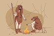 Cavemen in animal fur clothes setting fire outside. Tribal men making bonfire during ancient ages outdoors. Flat vector illustration. 