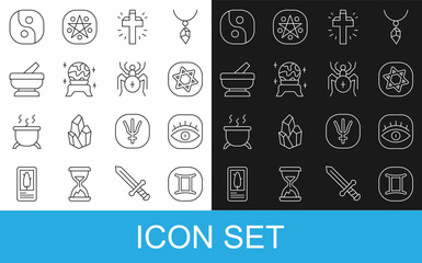 Wall Mural - Set line Gemini zodiac, Masons, Tarot cards, Christian cross, Magic ball, Mortar and pestle, Yin Yang and Spider icon. Vector