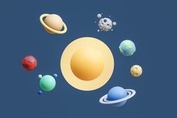 solar system with various stars and the sun is at the center 3d rener flat design , isolated on blue