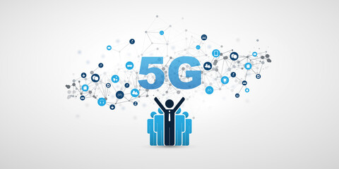 Poster - 5G Mobile Cloud Computing, Internet of Things and Networks Design Concept with Standing Happy Business Men and Icons - Digital IoT Network Connections, Technology Background