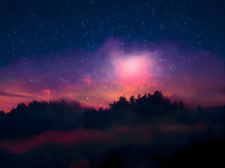 Wall Mural - Milky Way and pink light at mountains. Night colorful landscape. Starry sky with hills. Beautiful Universe. Space background with galaxy. Travel background