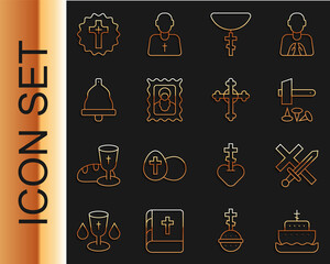 Wall Mural - Set line Ark of noah, Crusade, Crucifixion Jesus Christ, Christian cross chain, icon, Church bell, and icon. Vector