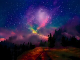 Milky Way and pink light at mountains. Night colorful landscape. Starry sky with hills. Beautiful Universe. Space background with galaxy. Travel background
