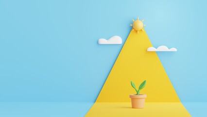 Poster - Pot Plant or Seedlings growing with sunligh.Nature, ecology and growth concept. Abstract minimal scene with copy space.3D Rendering Illustration.