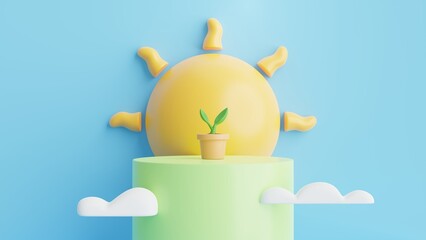 Poster - Pot Plant on the green podium with sunligh.Nature, ecology and growth concept. Abstract minimal scene with copy space.3D Rendering Illustration.