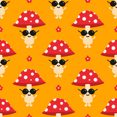 Wall Mural - Cute and happy mushroom characters in sunglasses with flowers vector seamless pattern background.
