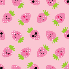 Wall Mural - Cute pink strawberry characters vector seamless pattern background for food and nature.
