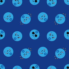 Wall Mural - Cute happy blueberry characters vector seamless pattern background for food and nature design.
