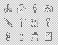 Set Line Bottle Of Water, Photo Frame, Ice Cream, Wine, Picnic Basket, Wine Corkscrew, Barbecue Grill And Spatula Icon. Vector