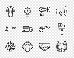 Canvas Print - Set line Coral, Diving mask with snorkel, Flashlight for diver, Lifebuoy, Wetsuit scuba diving, and Action extreme camera icon. Vector