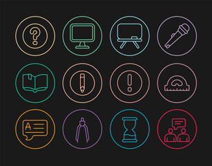 Poster - Set line Two sitting men talking, Protractor grid, Chalkboard, Pencil, Open book, Speech bubbles with Question, and Exclamation and Computer monitor icon. Vector