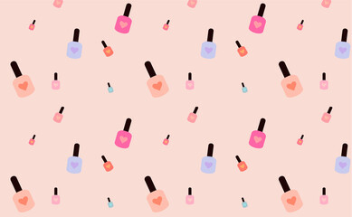 Seamless pattern with bootle Nail polish, nail varnish. Manicure and pedicure background. Flat vector illustration and texture for beauty shop, packaging, web, prints, textiles, wallpapers, nail paint