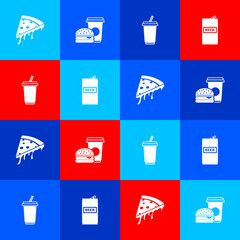 Canvas Print - Set Slice of pizza, Coffee and burger, Glass with water and Beer can icon. Vector