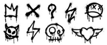 Set Of Black Graffiti Spray Pattern. Collection Of Symbols, Heart, Crown,  Thunder, Devil, Skull, Arrow With Spray Texture. Elements On White Background For Banner, Decoration, Street Art And Ads.