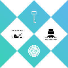 Poster - Set Sunken ship, Pirate coin, key and Ship icon. Vector