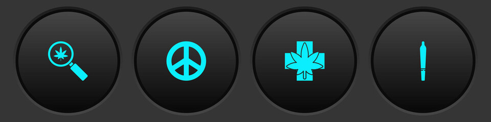 Sticker - Set Magnifying glass and marijuana, Peace, Medical or cannabis leaf and Marijuana joint icon. Vector