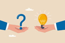Question And Answer, Solving Problem Or Business Solution, Ask For Reply Or Idea To Solve Difficulty And Trouble, FAQ Concept, Businessman Hand Holding Question Mark With Other Reply With Lightbulb.