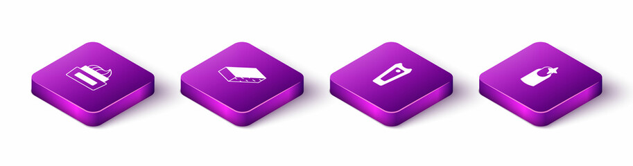 Sticker - Set Isometric Bottle of nail polish, Nail file, cutter and manicure icon. Vector