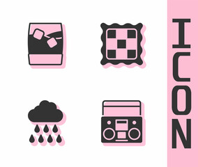 Set Home stereo with two speakers, Glass of whiskey ice, Cloud rain and Checkered napkin icon. Vector