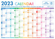 Year planner, 2023 calendar with monthly vertical grid in rainbow colors. Template planner for schedule, events and holidays. Vector business organizer, calendar