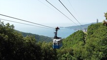 Drone Aerial View Of Cableway ( Cable Car ) Immersed In The Green Of The Mountain With Sea View In Monteallegro Rapallo Italy Liguria - Tourist Attraction In The Summer Near Cinque Terre And Portofino