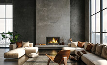 Dark Living Room Loft With Fireplace, Industrial Style, 3d Render