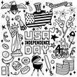 4th of July. Fourth of July doodle set , USA independence day celebration poster . Hand draw doodle background. Vector illustration