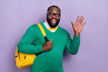 Wall Mural - Photo of positive friendly person arm palm waving hi toothy smile isolated on violet color background