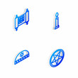 © vector_v - Set Isometric line Burning candle, Decree, paper, parchment, scroll, Jewish kippah with star of david and Pentagram circle icon. Vector