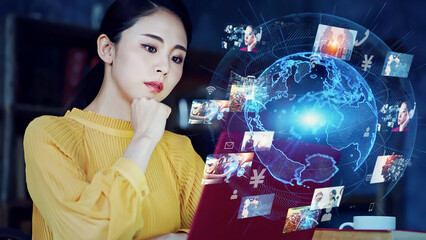 Aufkleber - Young Asian woman watching hologram screens. Visual contents concept. Social networking service. Streaming video. communication network.