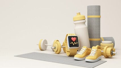 illustration, sport fitness equipment, male and female concept, yoga mat, bottle of water, dumbbells, weights, with Fitness shoes and pulse watches in pastel tone. 3d render animation loop