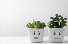 Beautiful Potted Houseplants With Angry And Concerned Faces On White Table, Space For Text. Emotional Management