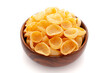 Close up of Cheese Puff Snacks cream color, Popular Ready to eat crunchy and puffed snacks cheesy salty pale-yellow color