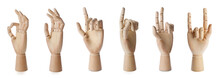Set With Wooden Hands Of Mannequins Showing Different Gestures On White Background. Banner Design