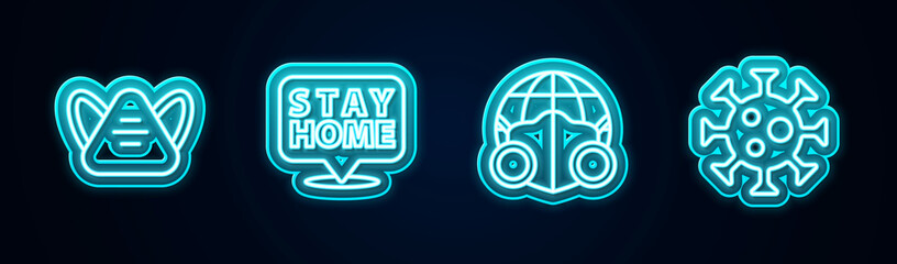 Sticker - Set line Medical protective mask, Stay home, Earth with medical and Virus. Glowing neon icon. Vector