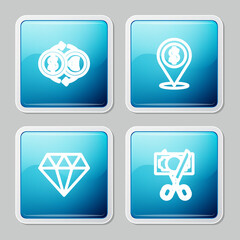 Sticker - Set line Money exchange, Cash location, Diamond and Scissors cutting money icon. Vector