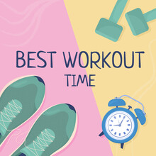 Best Workout Time Card Template. Healthy Lifestyle. Physical Activity. Editable Social Media Post Design. Flat Vector Color Illustration For Poster, Web Banner, Ecard. Neucha Font Used
