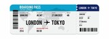 Fototapeta Londyn - Blue and white Airplane ticket design. Realistic illustration of airplane ticket boarding pass with passenger name and destination. Concept of travel, journey or business trip. Isolated on white.
