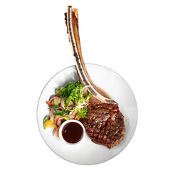 Wall Mural - Isolated portion of grilled beef tomahawk steak on white background