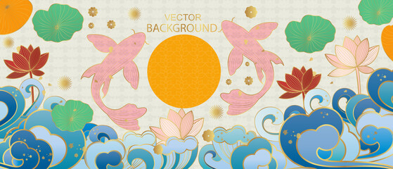 Wall Mural - Vector poster with koi carp on a Japanese theme. Line art style. Vector background.