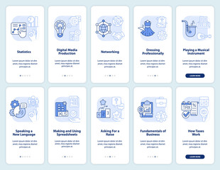 Skills for life light blue onboarding mobile app screen set. Walkthrough 5 steps editable graphic instructions with linear concepts. UI, UX, GUI template. Myriad Pro-Bold, Regular fonts used