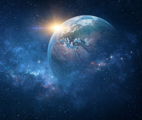 Wall Mural - planet earth, viewed from space focusing on western europe. earth globe in deep space, stars shining