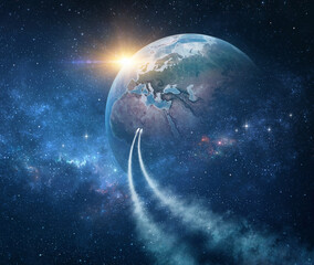Wall Mural - spaceships, space probes traveling through galaxy, returning planet earth, sun rising behind. comets