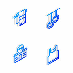 Sticker - Set Isometric line Gymnastic rings, Towel on hanger, building and Sleeveless t-shirt icon. Vector