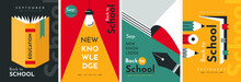 Educational Posters. Back To School. Books, Notebook, Light Bulb, Fountain Pen, Pencils. Elements And Objects On School Themes, Simple Flat Background. 