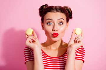 Sticker - Portrait of young pretty girlfriend receive yummy gifts want to kiss her boyfriend isolated on pink color background