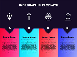 Wall Mural - Set line Wheat, Honey dipper stick, Basket and food and Graduate graduation cap. Business infographic template. Vector