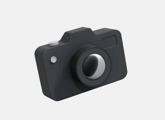 3D Photo camera icon in realistic design. Camera with lens and button. Professional photography concept. Black minimal device. Cartoon creative illustration isolated on white background. 3D Rendering